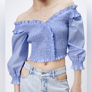 Zara off the shoulder smocked crop top light blue periwinkle
